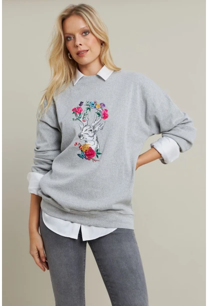 Kadın Gri-Fuşya Nakışlı Sweatshirt YLE20