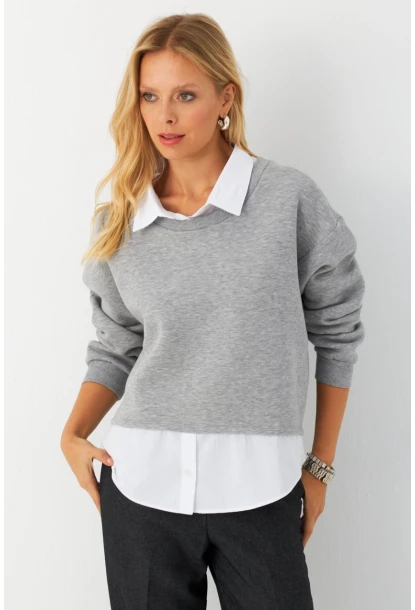 Kadın Gri Gömlek Detaylı Sweatshirt MAYD21