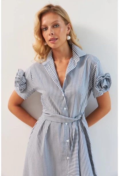 Kadın Gri Gül Detaylı Midi Gömlek Elbise SF12812