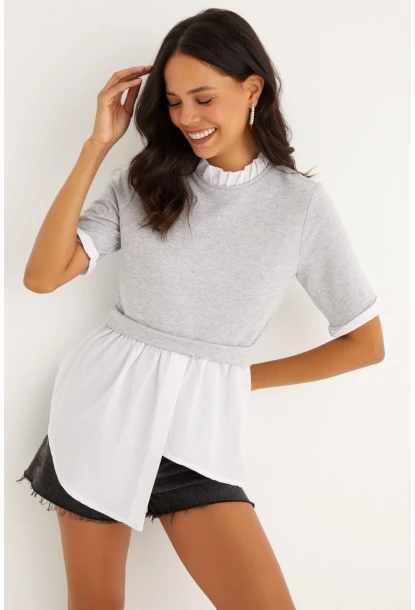 Kadın Gri İkili Asimetrik İki İplik Bluz B1454