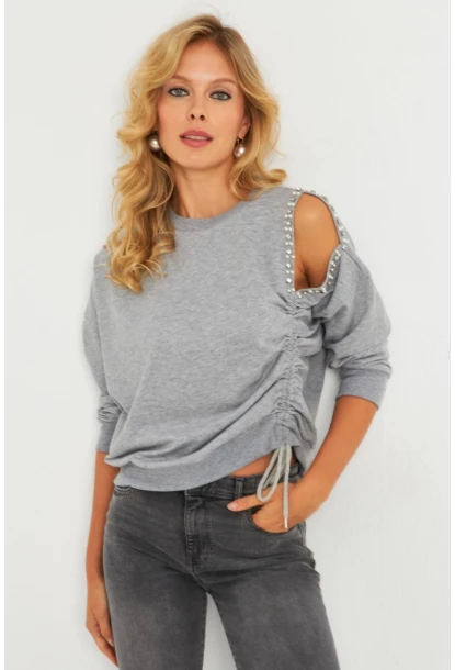 Kadın Gri İnci Detaylı Büzgülü Sweatshirt RLO04