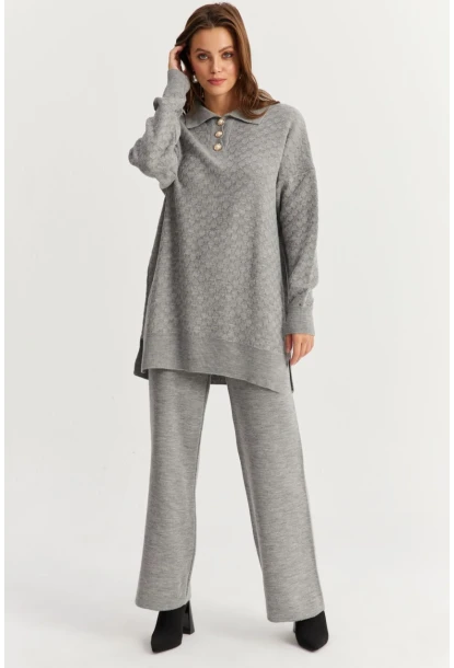 Kadın Gri İnci Düğmeli Triko Alt Üst Takım MNUV33