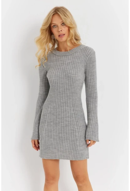 Kadın Gri İspanyol Kol Triko Mini Elbise YV273