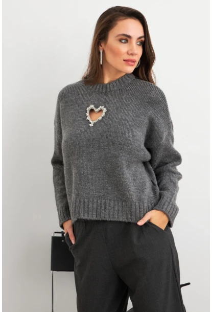 Kadın Gri Kalp Pencereli Kazak TEM101