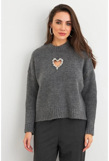 Kadın Gri Kalp Pencereli Kazak TEM101