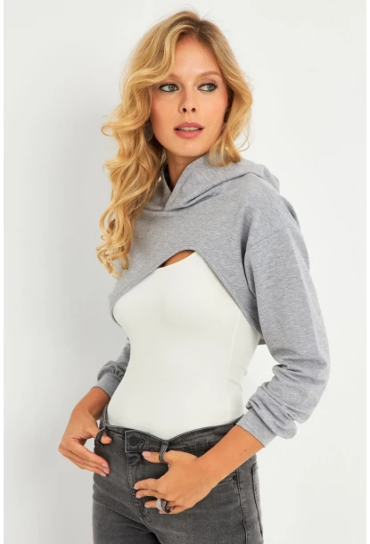 Kadın Gri Kapüşonlu Crop Sweatshirt  TF03