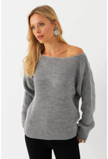 Kadın Gri Kayık Yaka Kazak AYD392