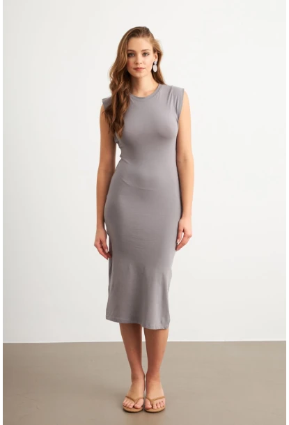 Kadın Gri Kolsuz Basic Midi Elbise FLU7109