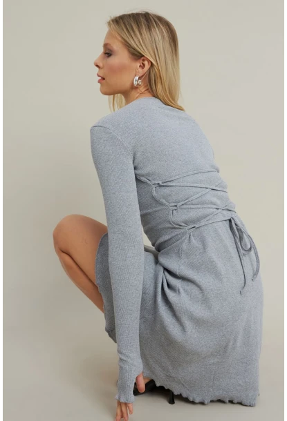 Kadın Gri Melanj Bağlamalı Kaşkorse Mini Elbise FRY2175