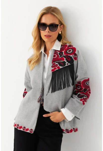 Kadın Gri Nakışlı Kaşe Ceket MQS5563