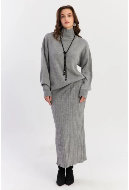 Kadın Gri Plili Alt Üst Triko Takım SF2554