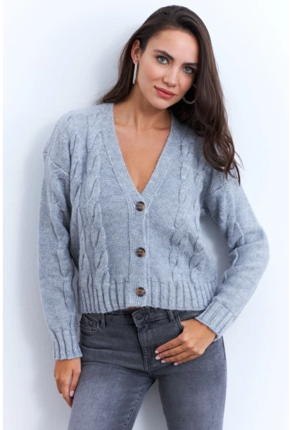 Kadın Gri Saç Örgülü Hırka YV295