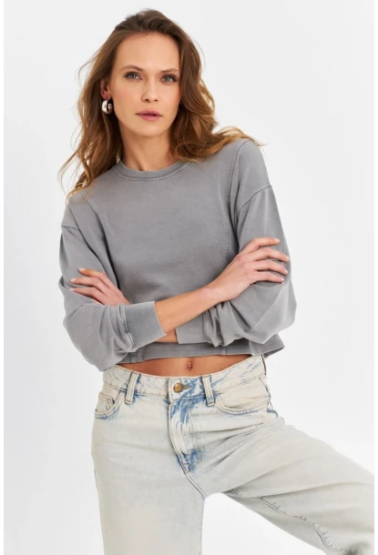 Kadın Gri Salaş Crop Sweatshirt ZH08