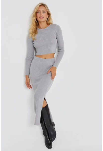 Kadın Gri Simli Triko Etek Takım KZ2497