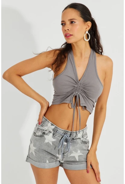Kadın Gri Sırtı Açık Crop Bluz B2697