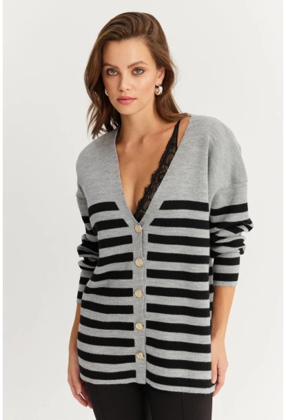 Kadın Gri-Sıyah Çizgili Triko Hırka CNG3