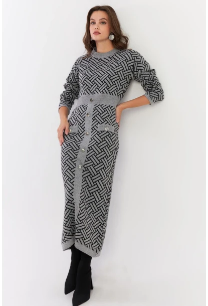 Kadın Gri-Siyah Düğme Aksesuarlı Desenli Maxi Elbise NUV41