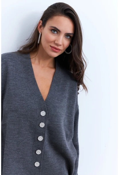 Kadın Gri Taşlı Düğmeli Hırka MİW4572