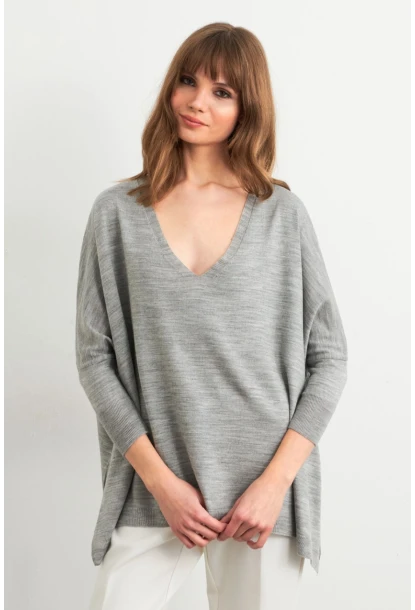 Kadın Gri V Yaka Salaş Bluz YV304