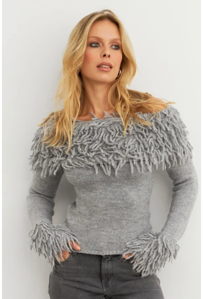 Kadın Gri Yakası Sakallı Madonna Bluz KZ542