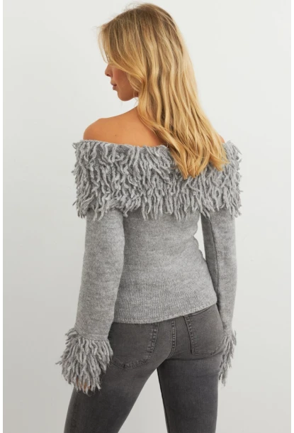 Kadın Gri Yakası Sakallı Madonna Bluz KZ542