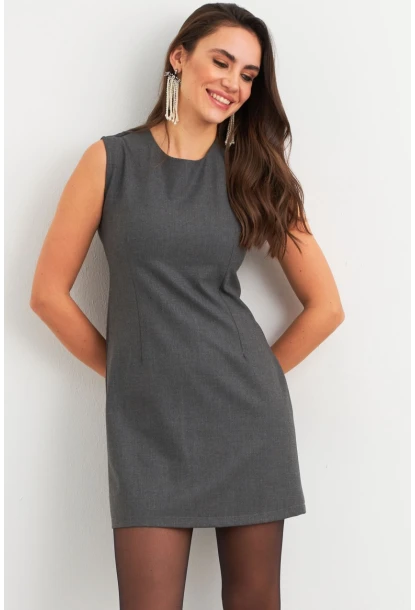 Kadın Gri Yandan Fermuarlı  Basic Midi Elbise ELA6821