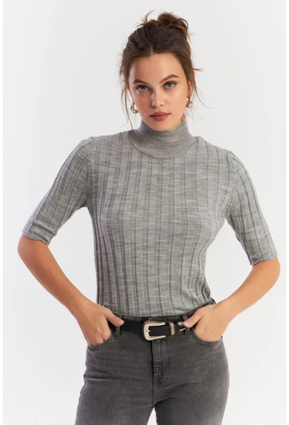 Kadın Gri Yarım Balıkçı Triko Bluz YV287