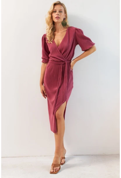 Kadın Gül Kurusu Balon Kol Kruvaze Midi Elbise YLE616