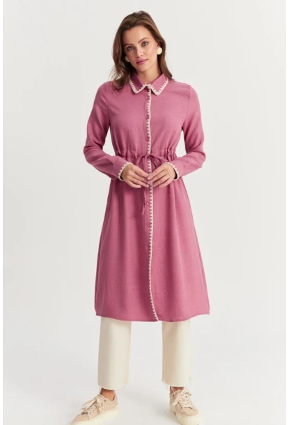 Kadın Gül Kurusu Garnili Gömlek Midi Elbise MASF10