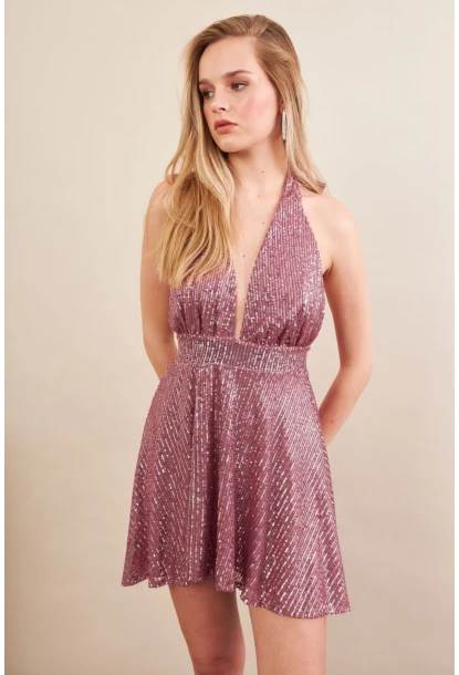 Kadın Gül Kurusu Sırtı Açık Payetli Astarlı Mini Elbise DCF046