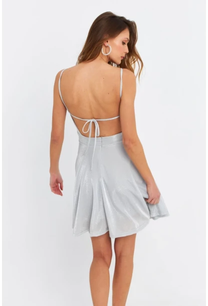 Kadın Gümüş Rengi Kruvaze Simli Astarlı Mini Elbise DCF110