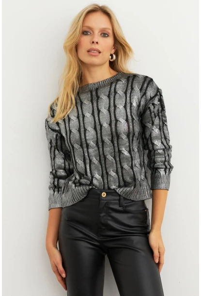 Kadın Gümüş Rengi Saç Örgülü Vatkalı Triko Bluz MRM618