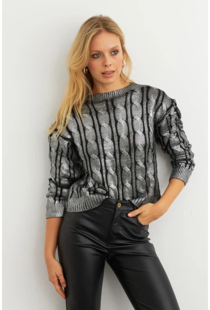 Kadın Gümüş Rengi Saç Örgülü Vatkalı Triko Bluz MRM618