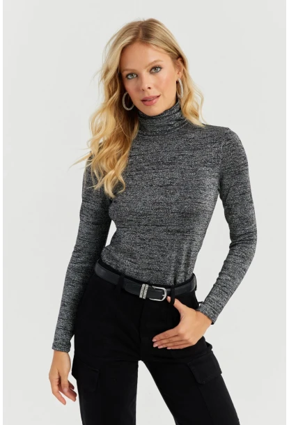 Kadın Gümüş Rengi Simli Balıkçı Bluz RX435