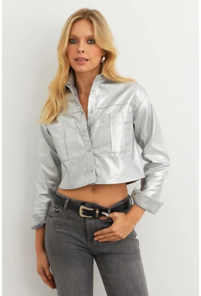 Kadın Gümüş Rengi Varaklı Cropped Ceket KAM302