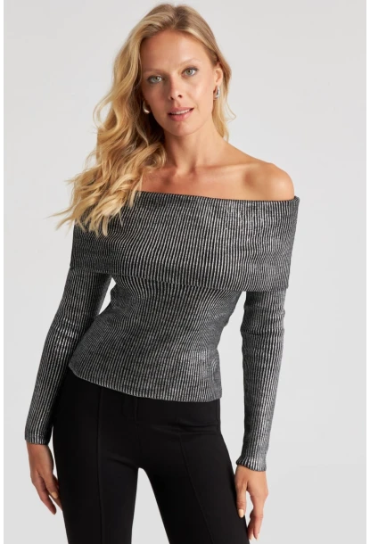 Kadın Gümüş Rengi Varaklı Madonna Triko Bluz SF2523