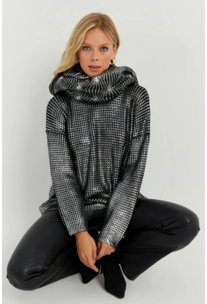 Kadın Gümüş Rengi Varaklı Triko Kazak SF2534