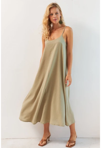 Kadın Haki Ayarlanabilir Askılı Midi Keten Elbise DMR355