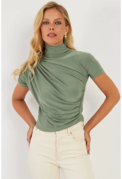 Kadın Haki Büzgülü Bluz LPP1287