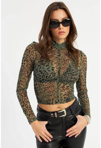 Kadın Haki Büzgülü Leopar Tül Bluz AYD379