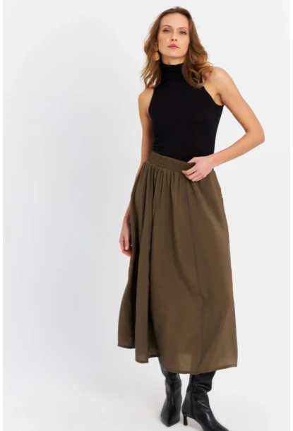 Kadın Haki Cepli Midi Etek MSH20194