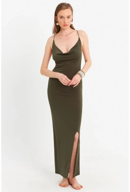 Kadın Haki Degaje Yaka Askılı Maxi Elbise DMR289