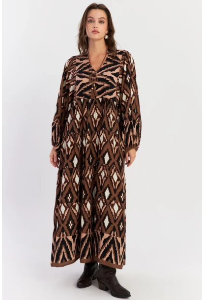 Kadın Haki Desenli Dokuma Maxi Elbise ALO235