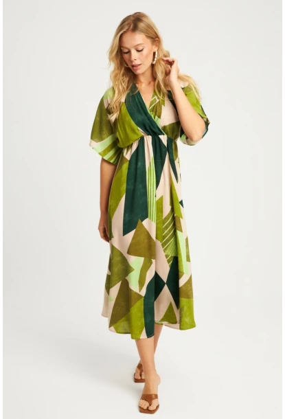 Kadın Haki Desenli Kruvaze Midi Elbise HT108