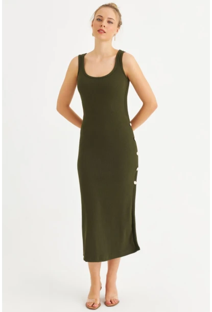 Kadın Haki Düğme Detaylı Kaşkorse Midi Elbise EY2837