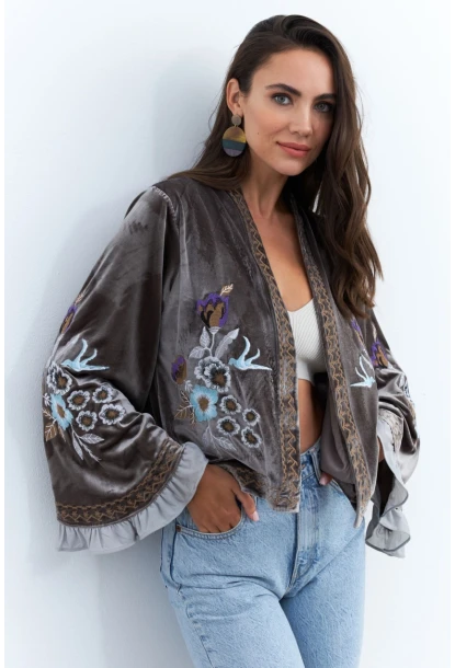 Kadın Haki İspanyol Kol Nakışlı Kadife Ceket QS5577