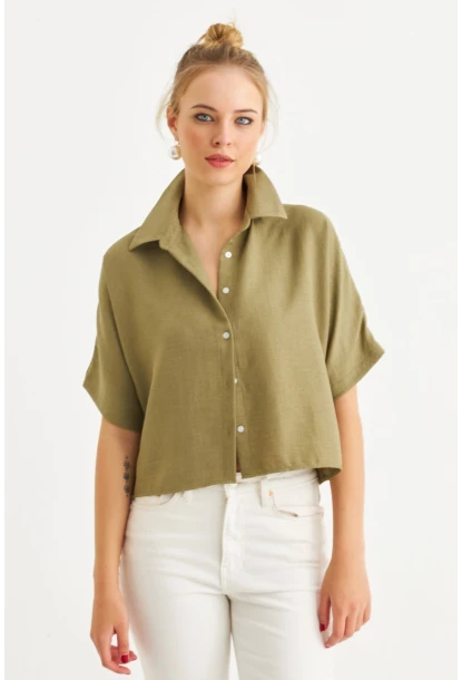 Kadın Haki Kısa Kollu Crop Gömlek CNG117