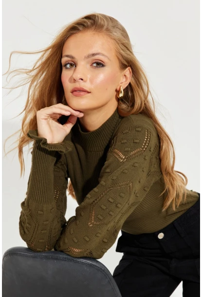Kadın Haki Kolları Ajurlu Triko Bluz SMT218