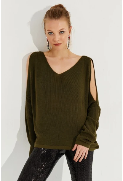 Kadın Haki Kolu Yırtmaçlı Triko Bluz SMT221