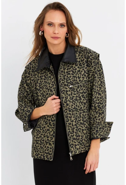 Kadın Haki Leopar Denim Ceket MELT1174